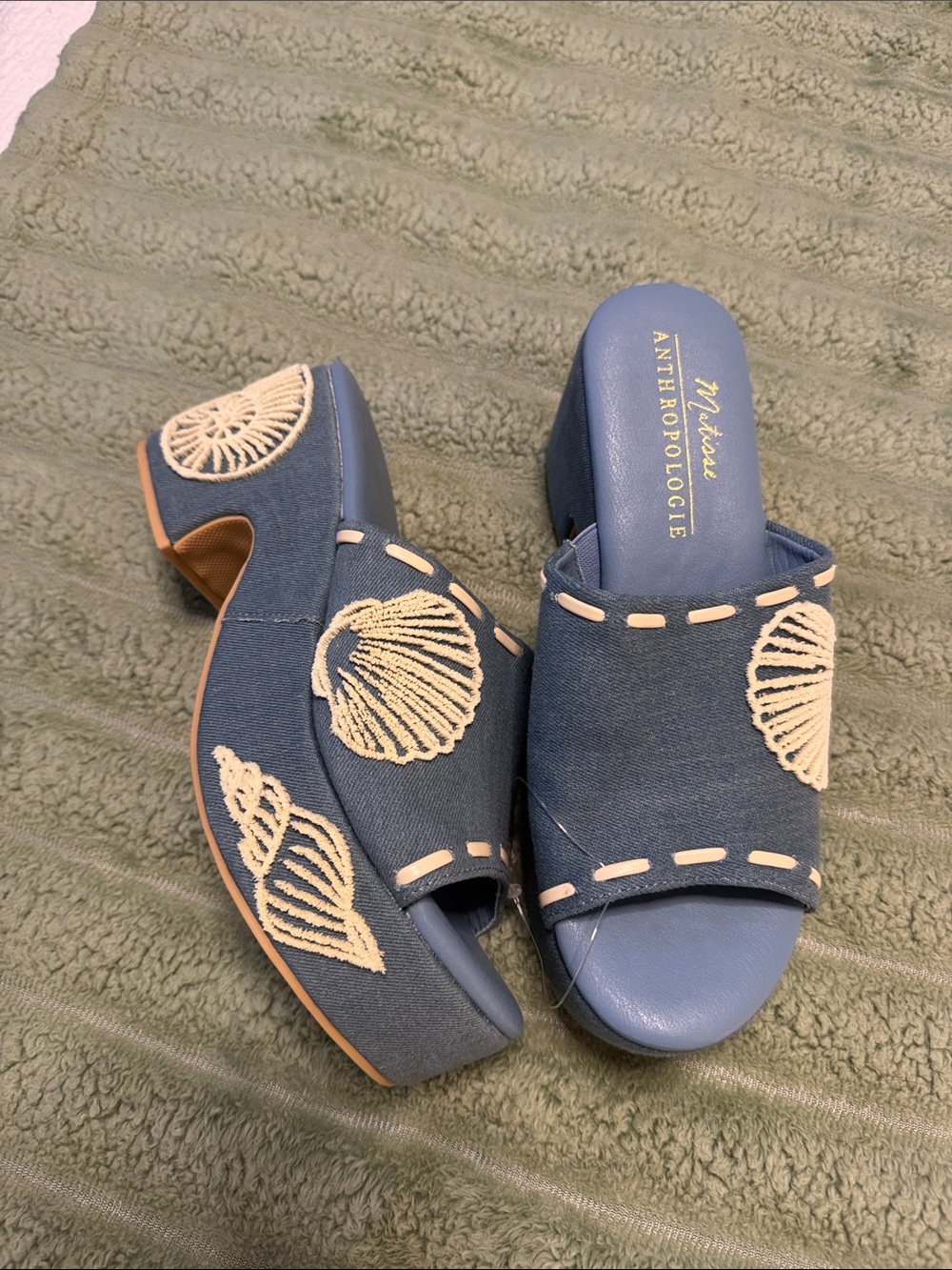 NWOT Anthropologie Blue Canvas Embroidered Shell Mule Slides/heels - Picture 2 of 11